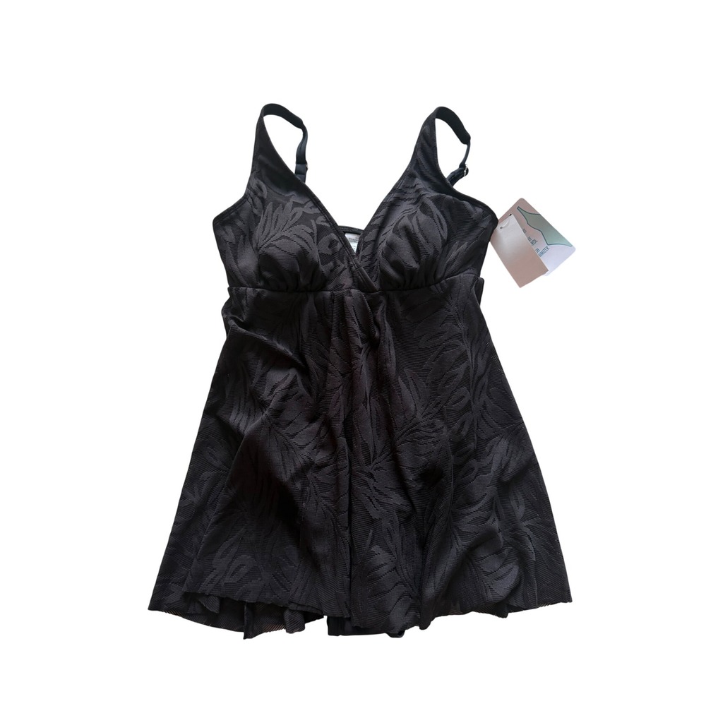 Swim Solutions‎ Black Palm Burnout V-Neck Swimdress One Piece Swimsuit 8 NEW - Picture 3 of 6